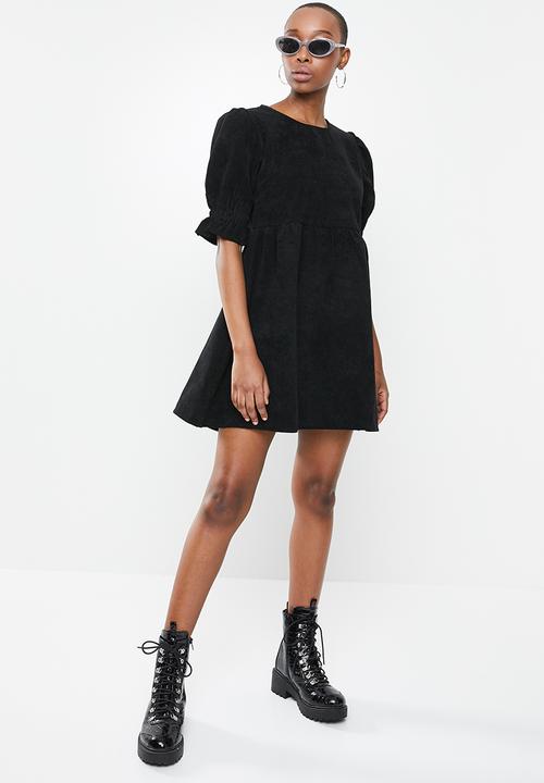 Missguided - Oversized cord smock dress frill sleeve - black
