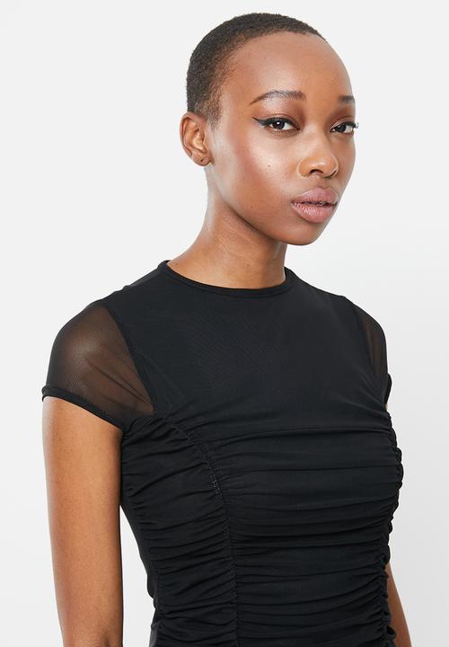 Missguided - Mesh ruched short sleeve midaxi dress - black