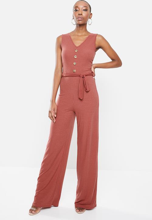 Horn button ribbed tie belt jumpsuit rust Missguided Jumpsuits - Main Image