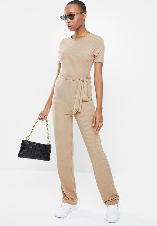 Missguided - Rib short sleeve flare leg jumpsuit - beige 
