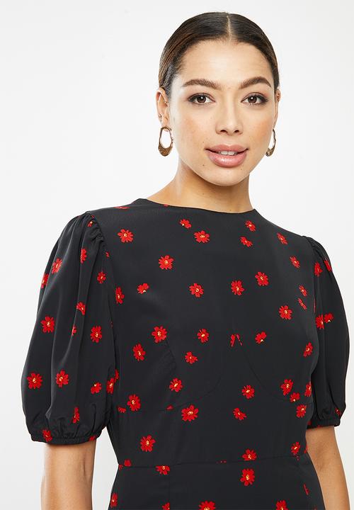 Glamorous - Puff sleeve mini dress - black & red 