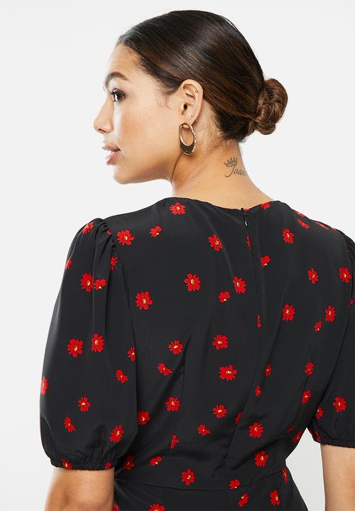 Glamorous - Puff sleeve mini dress - black & red 