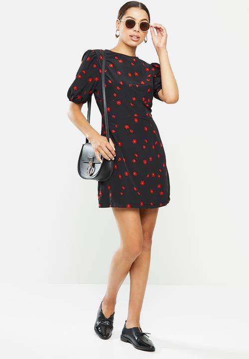 Glamorous - Puff sleeve mini dress - black & red 