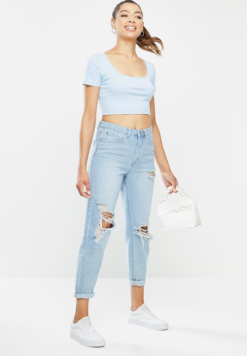 Blake - Ribbed square neck crop top - blue