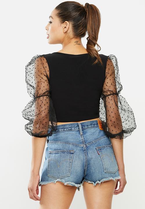 Blake - Combo long sleeve crop top with puff sleeve - black
