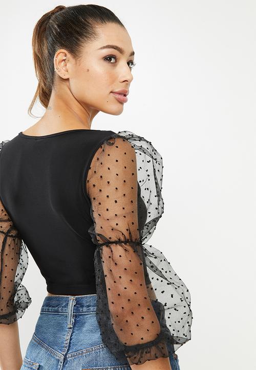 Blake - Combo long sleeve crop top with puff sleeve - black