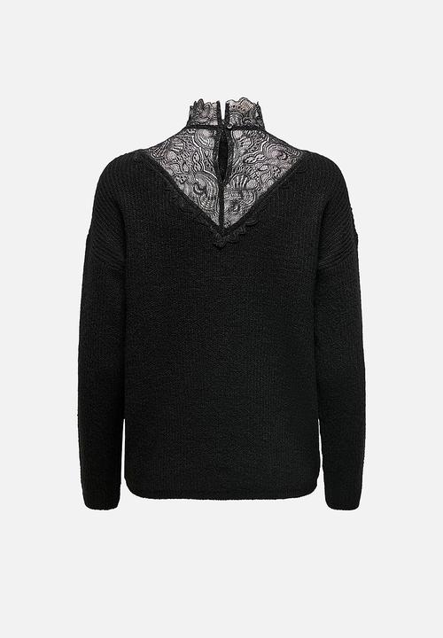 Jacqueline de Yong - Gammy long sleeve lace highneck pullover knit - black