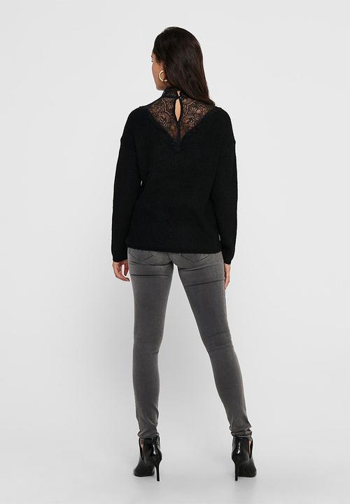 Jacqueline de Yong - Gammy long sleeve lace highneck pullover knit - black