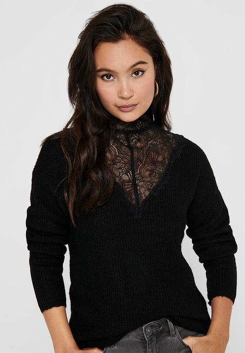 Jacqueline de Yong - Gammy long sleeve lace highneck pullover knit - black