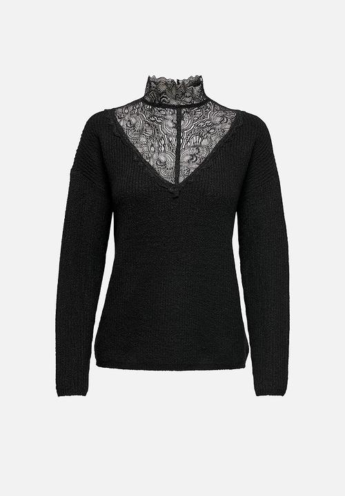 Jacqueline de Yong - Gammy long sleeve lace highneck pullover knit - black