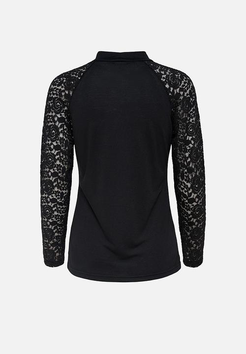 Jacqueline de Yong - Kim long sleeve highneck lace top - black