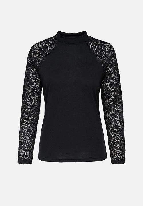 Jacqueline de Yong - Kim long sleeve highneck lace top - black