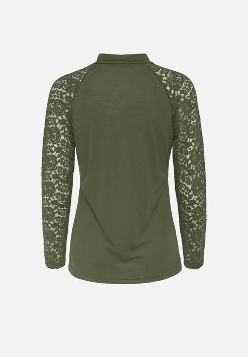Jacqueline de Yong - Kim long sleeve highneck lace top - kalamata