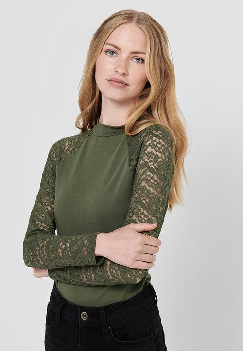 Jacqueline de Yong - Kim long sleeve highneck lace top - kalamata