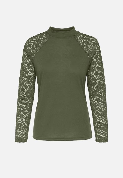 Jacqueline de Yong - Kim long sleeve highneck lace top - kalamata