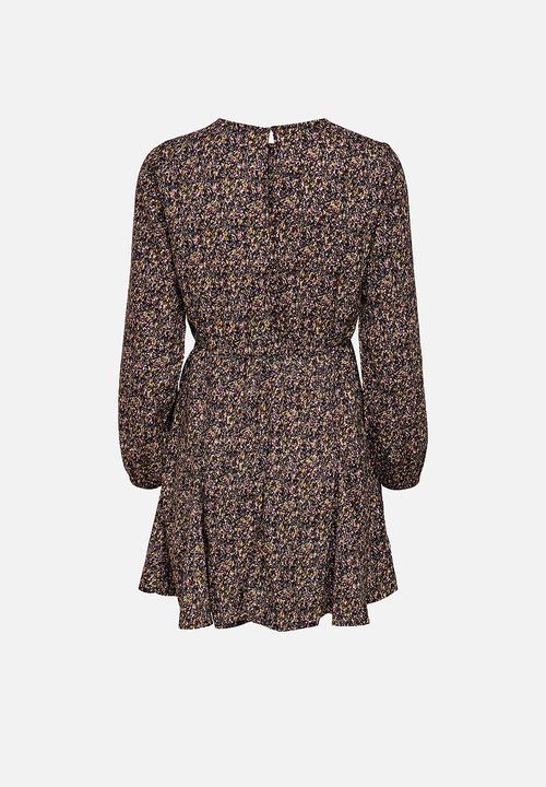 Jacqueline de Yong - Mia long sleeve short dress - bitter chocolate small flowers