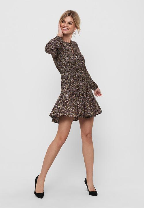Jacqueline de Yong - Mia long sleeve short dress - bitter chocolate small flowers