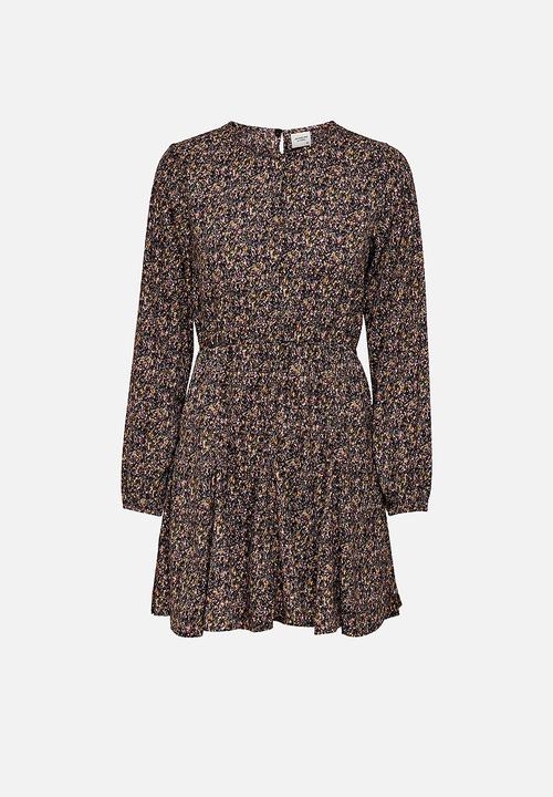 Jacqueline de Yong - Mia long sleeve short dress - bitter chocolate small flowers