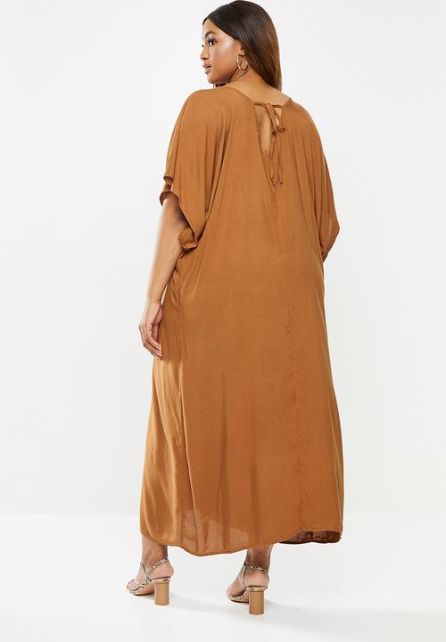 edit Plus - Grown on sleeve v-neck maxi - brown