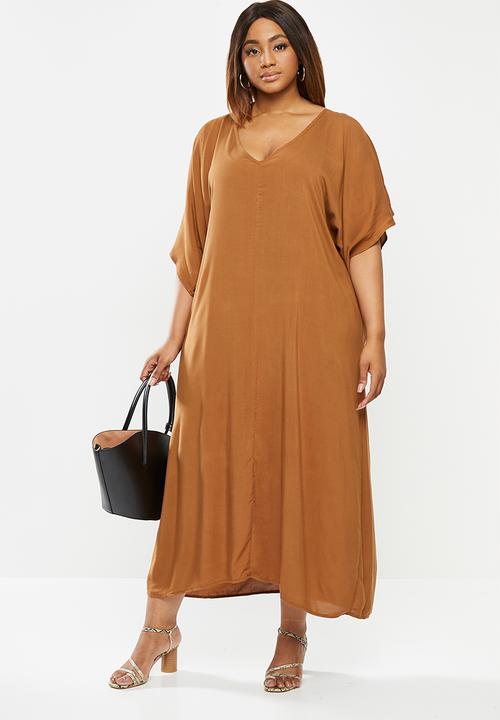 edit Plus - Grown on sleeve v-neck maxi - brown