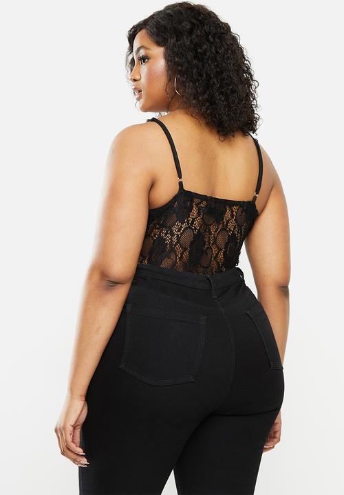 Missguided - Plus size lace pipe detail bodysuit - black