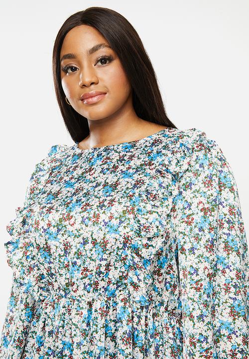 Glamorous - Plus floral tiered dress- blue