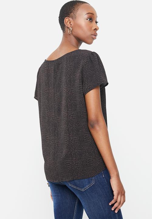 Jacqueline de Yong - Elsa short sleeve puff blouse - black & brown 