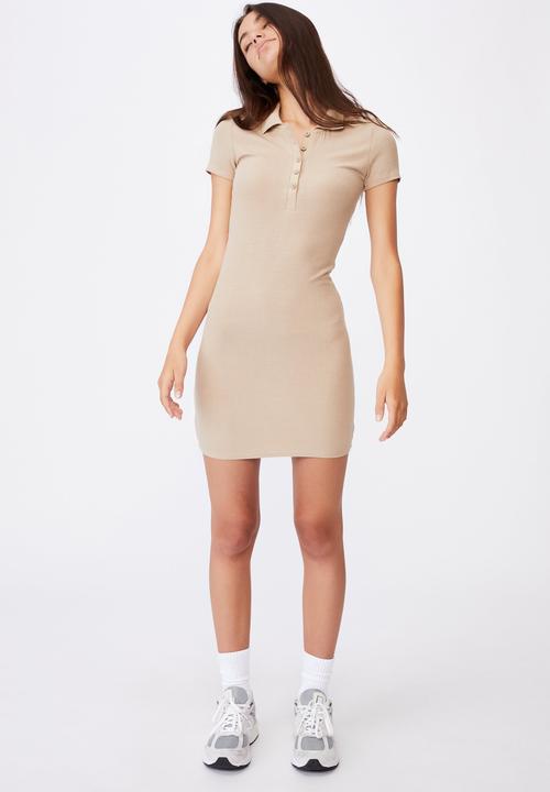 Factorie - Short sleeve collared rib dress - beige