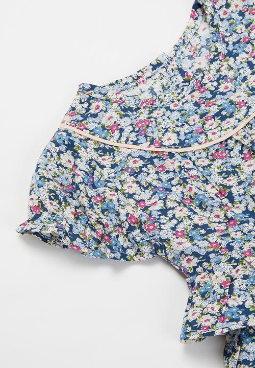 Pop Candy - Girls ruffle floral romper - blue