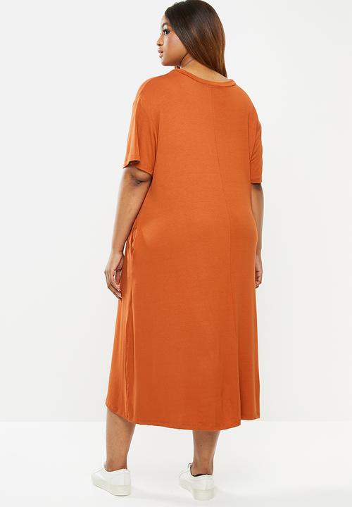 edit Plus - Short sleeve pocket swing dress - rust