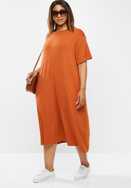 edit Plus - Short sleeve pocket swing dress - rust