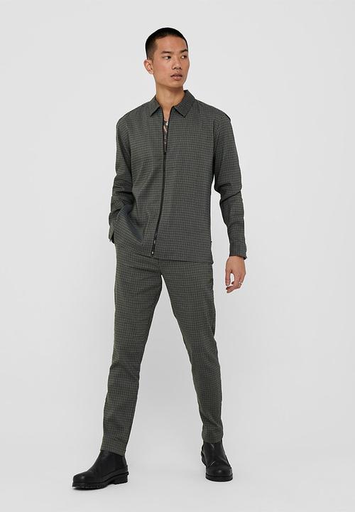 Only & Sons - Elyas long sleeve checked stretch zip - olive
