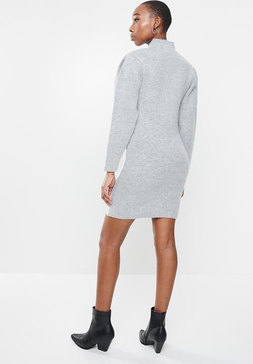 Missguided - High neck marl pleat sleeve mini dress - grey