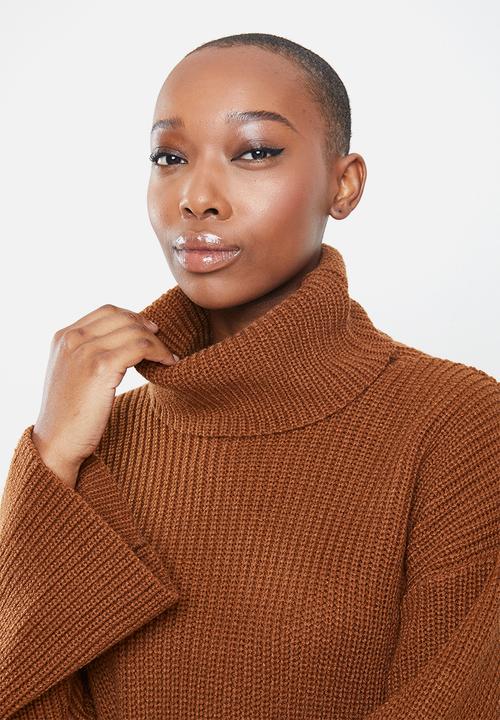 Blake - Ribbed knit bell sleeve sweater - tobacco