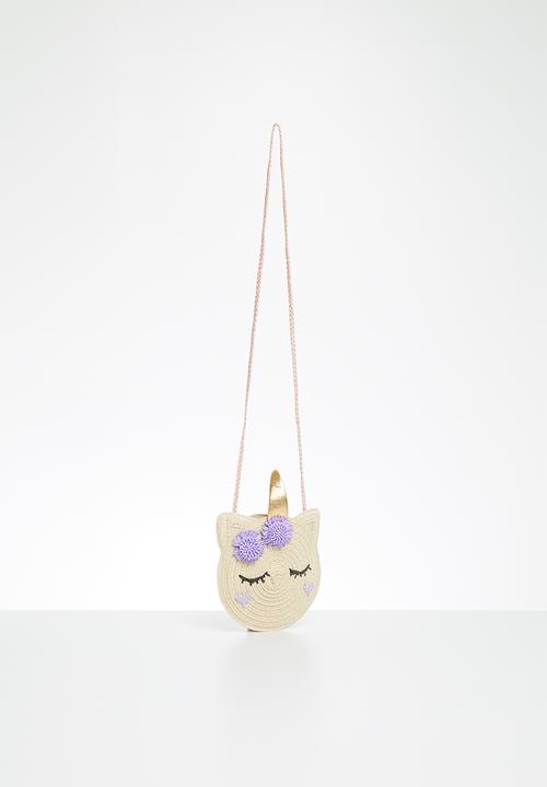 Cotton On - Raffia unicorn jayme critter bag - neutral & purple 