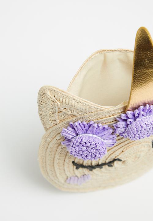 Cotton On - Raffia unicorn jayme critter bag - neutral & purple 
