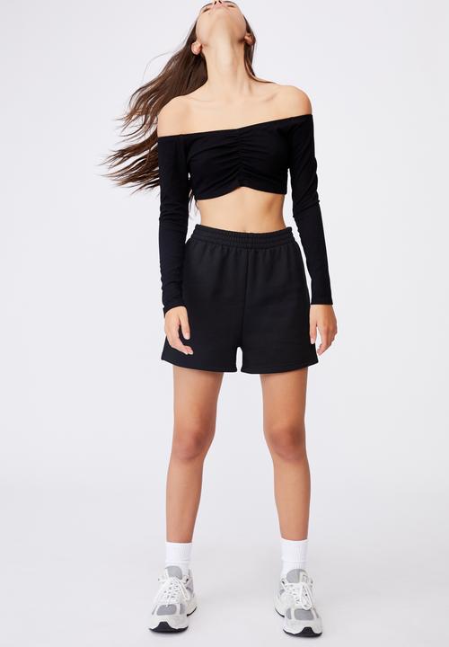 Factorie - Long sleeve ruched front off shoulder top - black