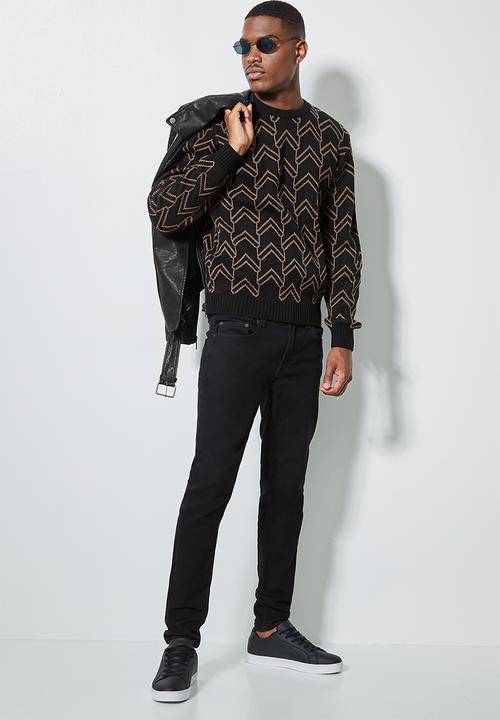 Superbalist - Geo pattern crew knit - black & taupe