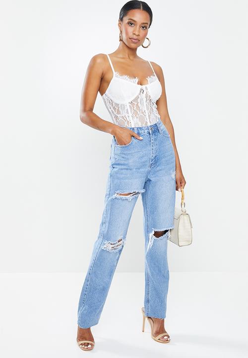 Missguided - Petite wrath slash rip straight leg jean - light blue