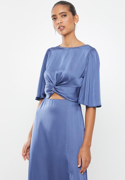 MILLA - Satin twist front angel sleeve top - blue