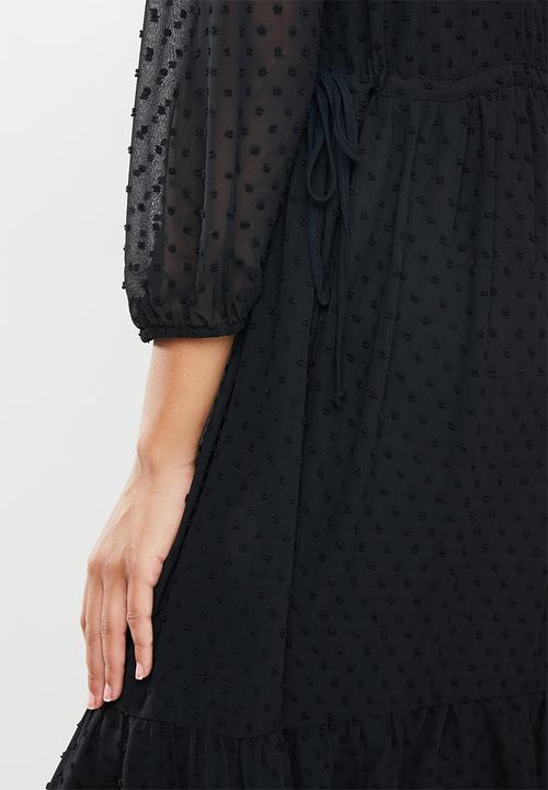 MILLA - Dobby voluminous midi dress with drawstring - black