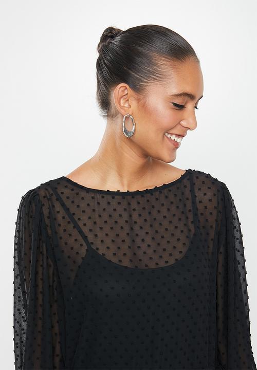 MILLA - Dobby voluminous midi dress with drawstring - black