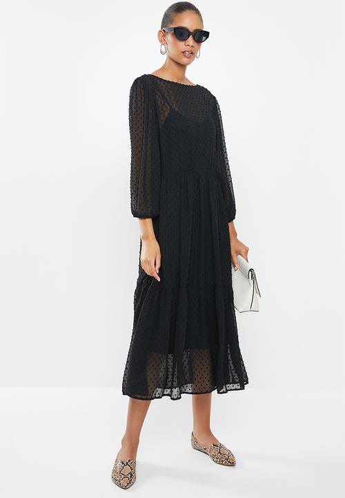 MILLA - Dobby voluminous midi dress with drawstring - black