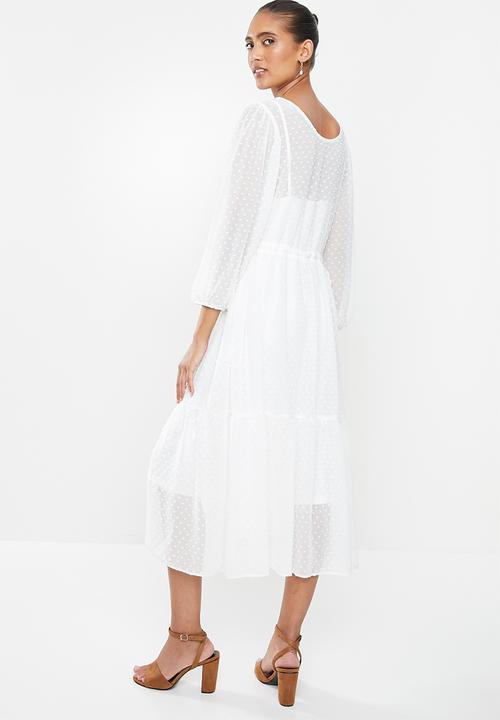 MILLA - Dobby voluminous midi dress with drawstring - white 