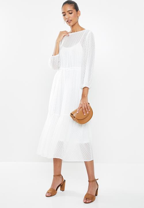 MILLA - Dobby voluminous midi dress with drawstring - white 