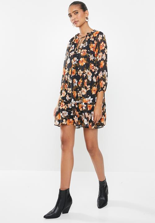 MILLA - Pie crust mini tiered dress - black & orange 