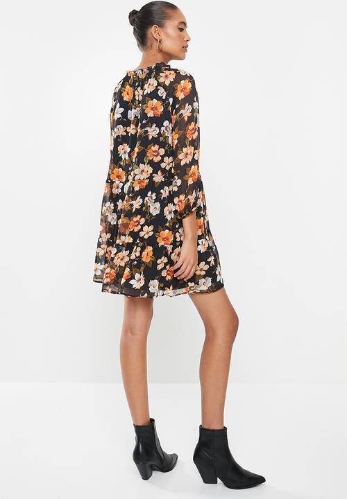 MILLA - Pie crust mini tiered dress - black & orange 