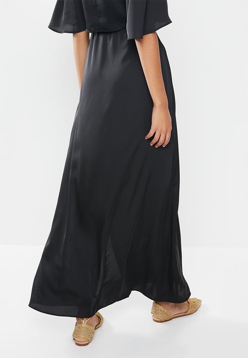 MILLA - Satin bias cut midi skirt with slit - black