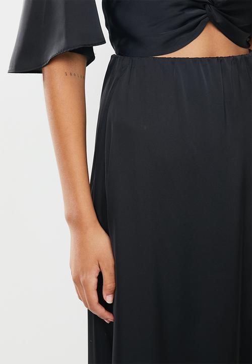 MILLA - Satin bias cut midi skirt with slit - black
