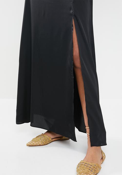 MILLA - Satin bias cut midi skirt with slit - black